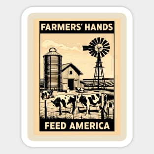 Farmers' Hands Feed America Black Cows Brown Fields Barn Sticker